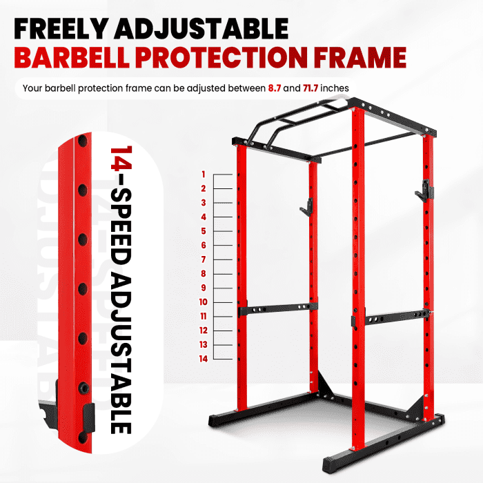 1.8mm Thick Black Red Steel Power Cage Power Rack Squat Rack - 1200lbs Capacity, 14-Level Adjustable for Bench Press, Squat, Pull-Up - for Home Gym, Garage, Training Room