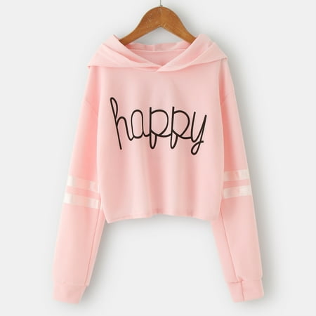 

Hunpta Girls Kids Chic Loose Active Full Sleeves Hoodies Sweatshirts Hooded Short Pullover Letter Print Striped Crop Tops Girls