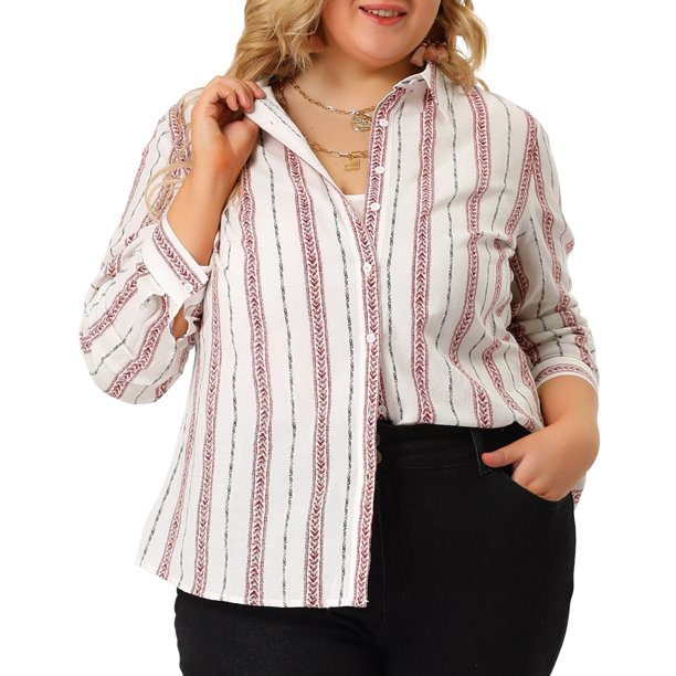 Women's Plus Size Shirts Stripe Printed Button Up Work Shirt Red White 3X