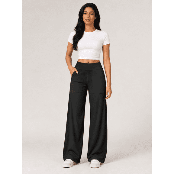 Women's Straight-Leg Athletic Pants with Side Pockets and Elastic Waist, Black, M