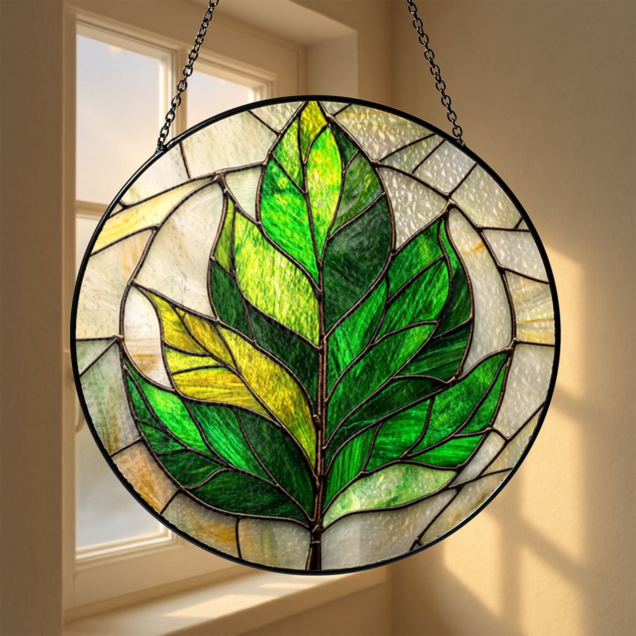 Botanical Leaf Window Panel, Faux Stained Glass Green Design for Garden Homes and Gift Ideas