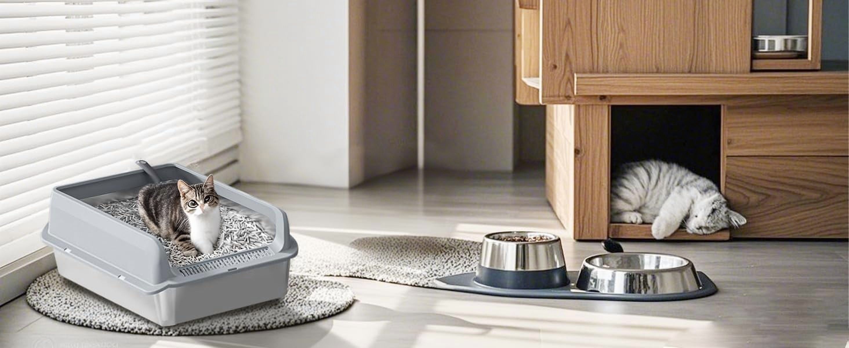 BouPower 8" Deep Stainless Steel Cat Litter Box with Scoop and Mats,Open Top High Wall Sided Enclosure Large Metal Cat Litter Box Non-Sticky Easy to Clean Anti-Leakage 23.6×15.7×11.8in Gray