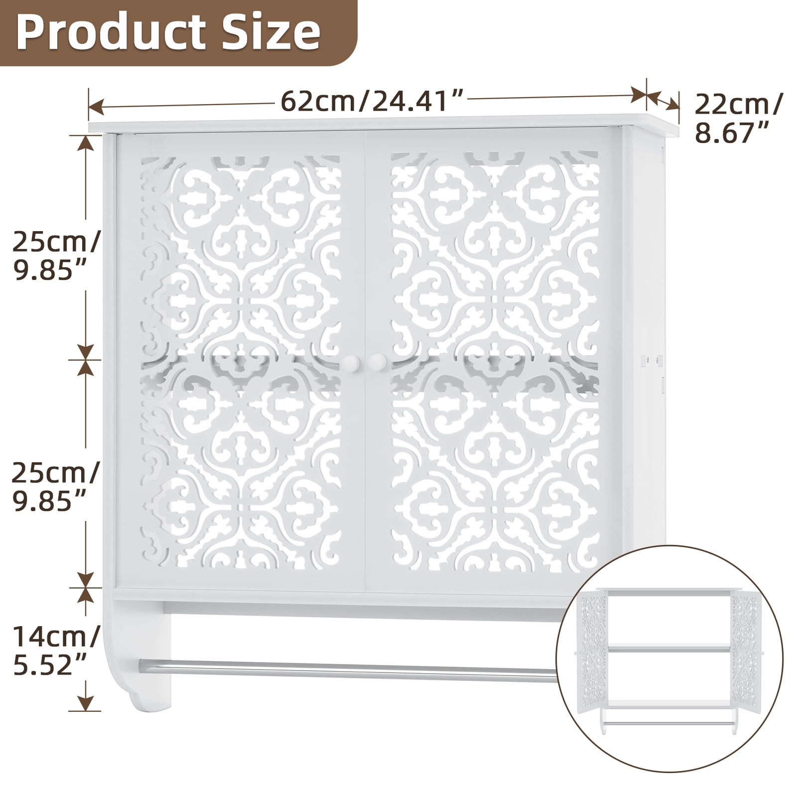 HONEIER Bathroom Wall Cabinet with Towels Bar Over The Toilet Space Saver Storage Cabinet Wall Mounted Medicine Cabinets with 2 Doors for Toilet, Bathroom, Living Room, Kitchen, Laundry
