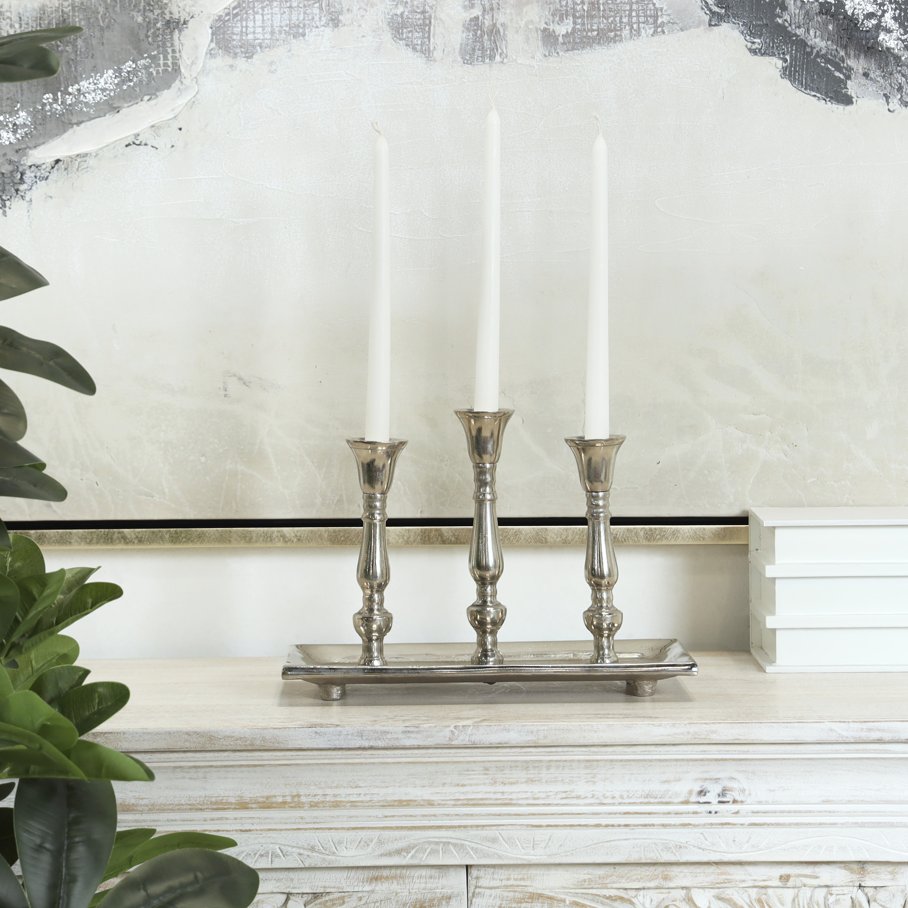 DecMode 3 Holder Silver Aluminum Candelabra with Candle Plate
