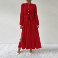 thumbnail image 5 of BangWanChi Winter Dress for Women Women's Long Sleeved Solid Color Textured Button Up Dress With Lantern Sleeves And Waist Cinching Long Dress Red L, 5 of 5