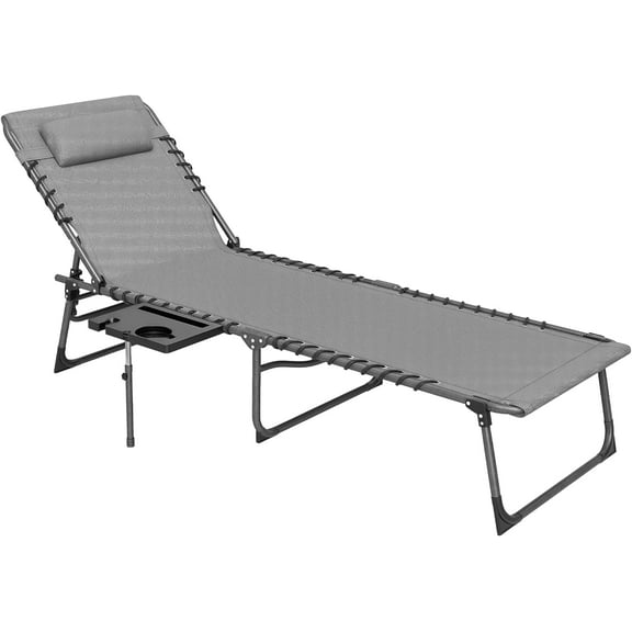 LYYHTY Folding Chaise Lounge Chair Outdoor Tanning Chair with Side Table, 5-Level Adjustable Beach Lounge Chair with Headrest, Side Pocket for Patio, Backyard, Beach, Poolside, Gray