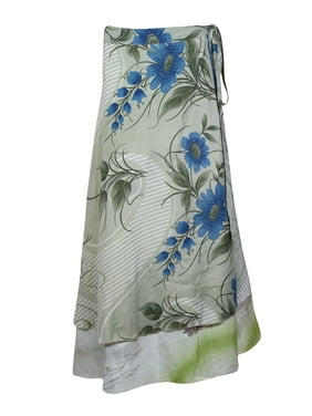 Mogul Women Gray Vintage Silk Sari Magic Wrap Skirt Reversible Printed 2 Layer Sarong Beach Wear Cover Up Long Skirts One Size