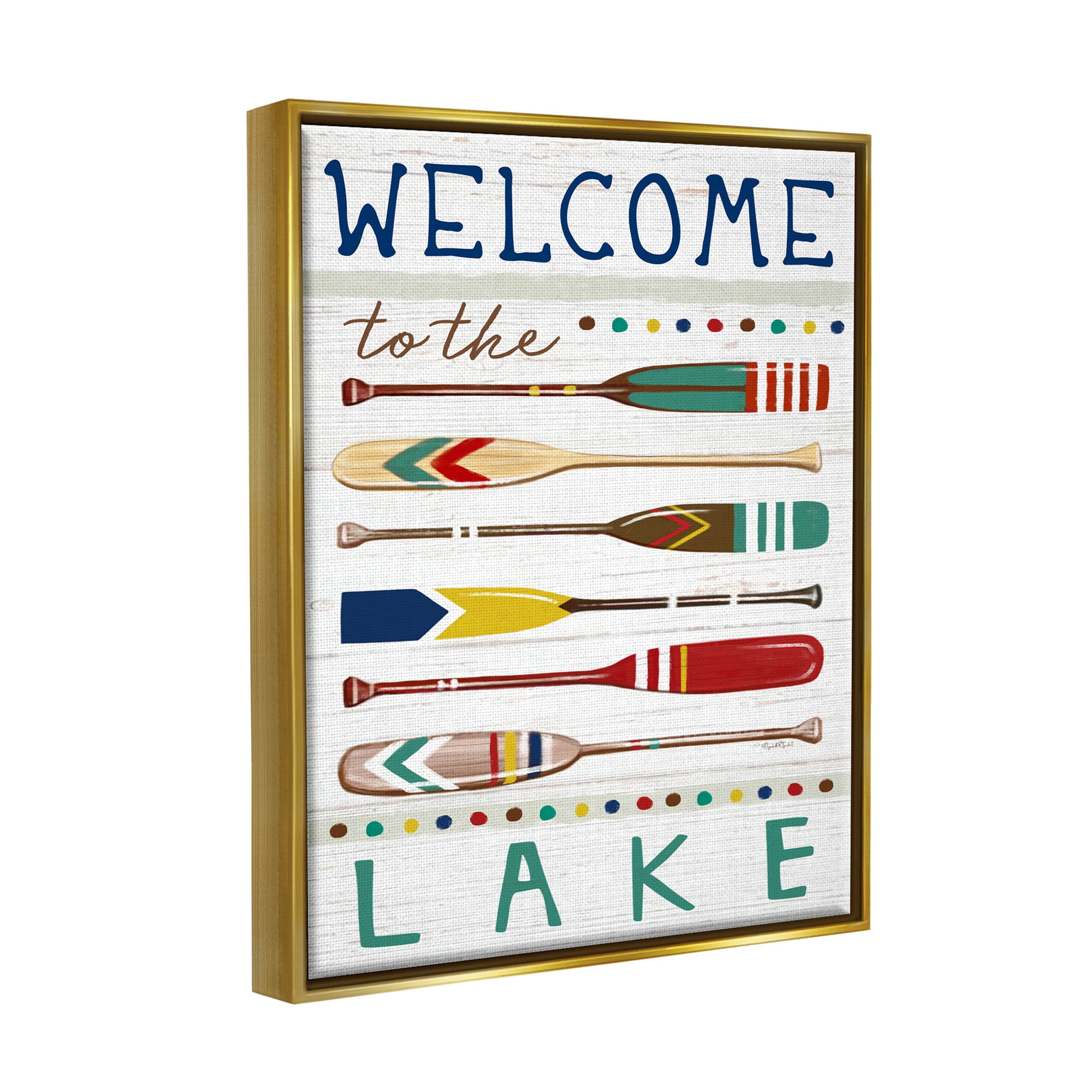 Stupell Industries Lake Welcome Sign Striped Oars Graphic Art Metallic Gold Floating Framed Canvas Print Wall Art, Design by Elizabeth Tyndall