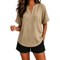 thumbnail image 3 of Oversized Tshirts for Women Casual Linen Cotton V Neck Short Sleeve Tops Loose Comfy Yellow Summer Tops for Women, 3 of 9