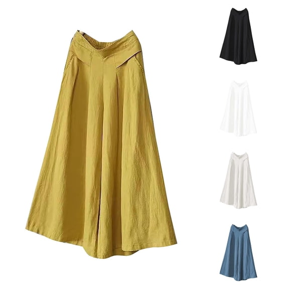 Xiaoxatg Women's Pants, Plus Size Pants for Women Skirt Style Loose Summer Wide Leg Trousers with Relaxed Fit and Comfortable Waist Yellow M