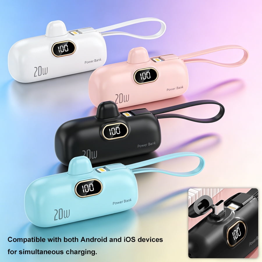 Ya Yatech 5000mAh Portable Power Bank, PD Fast Charging with LED Display, Built-in Type-C Plug Compatible with iOS and Android Phones