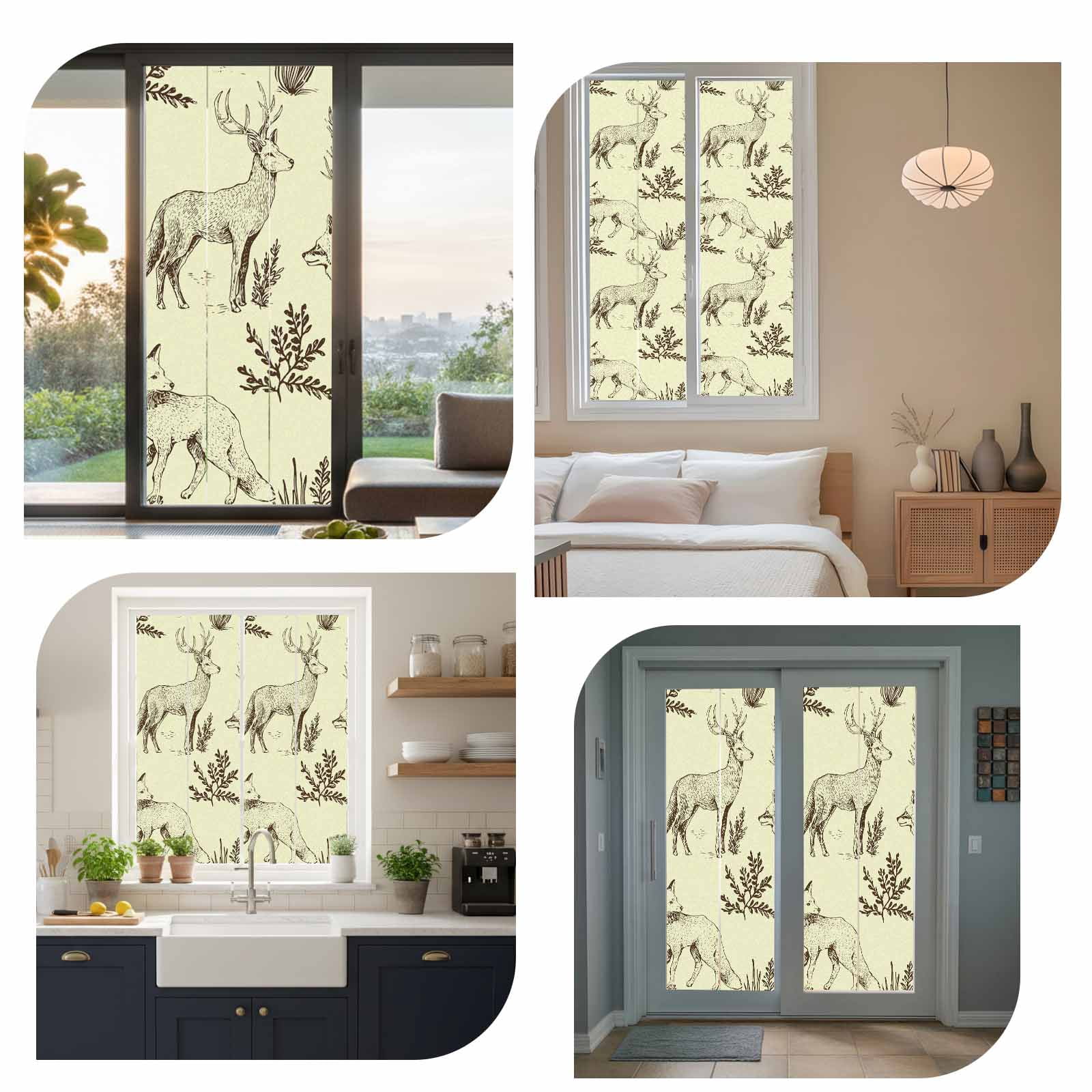 Forest Animal Window Privacy Film, Line Drawing Deer Fox Cool Wolf Spring Weed Casual Frosted Glass Window Clings Static Cling UV Heat Blocking Reusable Door Sticker for Bathroom 23.6 x 59 Inch