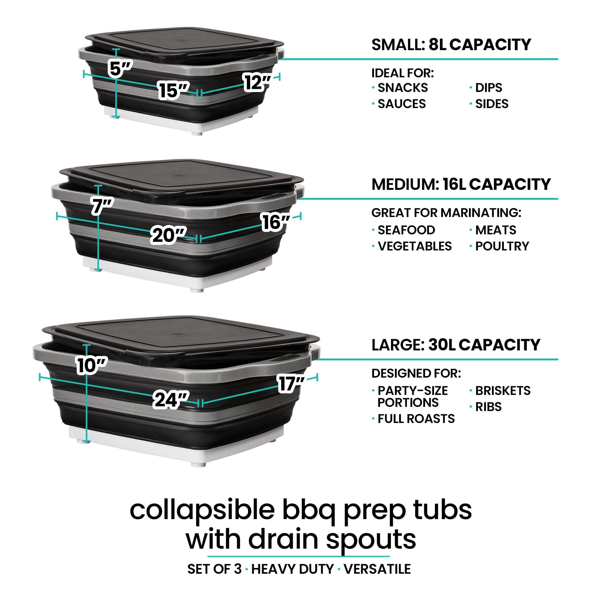 Collapsible BBQ Prep Tub with Lids and Drain Spouts, 3 Pack – Portable Meat Marinating and Grilling Trays, Cutting Board Food Storage Containers for Outdoor Cooking, Camping, Tailgating, Kitchen Prep