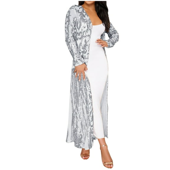 TAIAOJING Cardigan for Women Totem Sequin Applique Long Sleeved Perspective Ankle Length Cloak Knit Cardigan Sweater