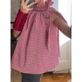 thumbnail image 4 of Pudcoco Women Plaid/Strawberry Print Tank Tops Ruffled High Neck Pleated Bow Tie-Up Loose Flowy Hem Summer Shirt, 4 of 8