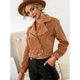 thumbnail image 2 of Women'S Cropped Corduroy Belted Jacket Motorcycle Jacket Coat Khaki L, 2 of 6