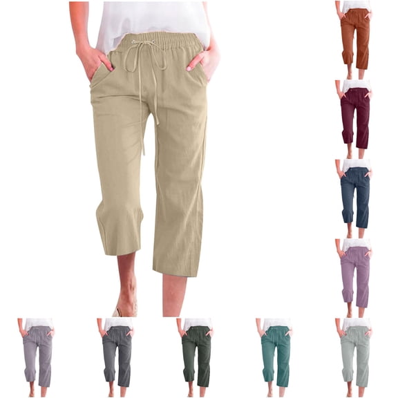 DHFJKG Capri Pants For Women High Waisted Straight Leg Loose Fit Drawstring Elastic Waist Pants With Pockets Stylish Trousers