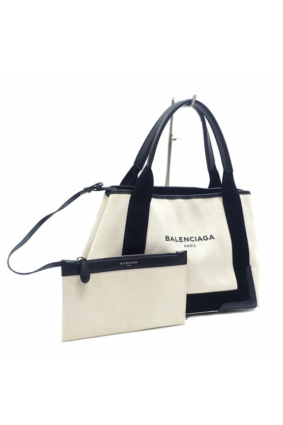 Pre-Owned Balenciaga Navy Cabas S Tote Bag, Women's, White/Black, Canvas/Leather,... (Good)