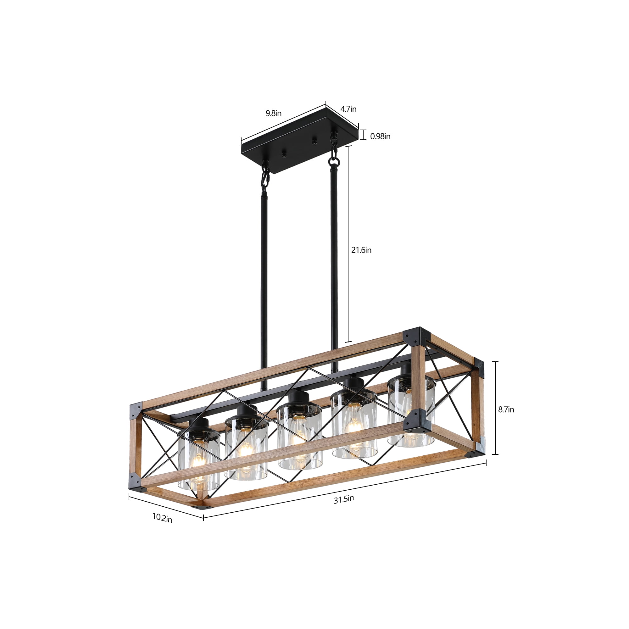 5-Light Farmhouse Chandelier for Kitchen Island, Rustic Hanging Lights Fixture with Clear Glass Shades, Adjustable Height Wood and Metal Fixture for Dining Room, Foyer, Entryway, Walnut Finish