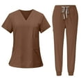 thumbnail image 2 of HKYNLAG Scrubs Sets for Women 2 Piece Nurse Working Uniforms Casual Comfy Solid V-Neck Caregiver Top and Drawstring Waist Pants with Pockets Brown M, 2 of 5