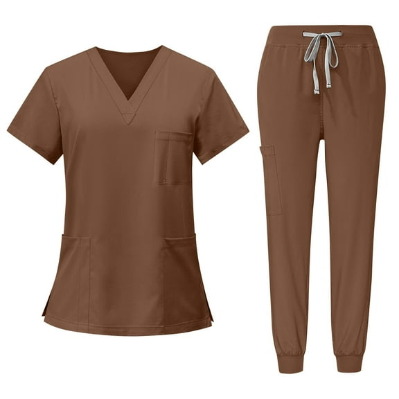 Scrubs for Women Set, Modern V-Neck Scrub Top & Jogger Scrub Pants with Multi Pockets Professionals Soft Stretch Athletic Nursing Uniform Workwear (Brown)