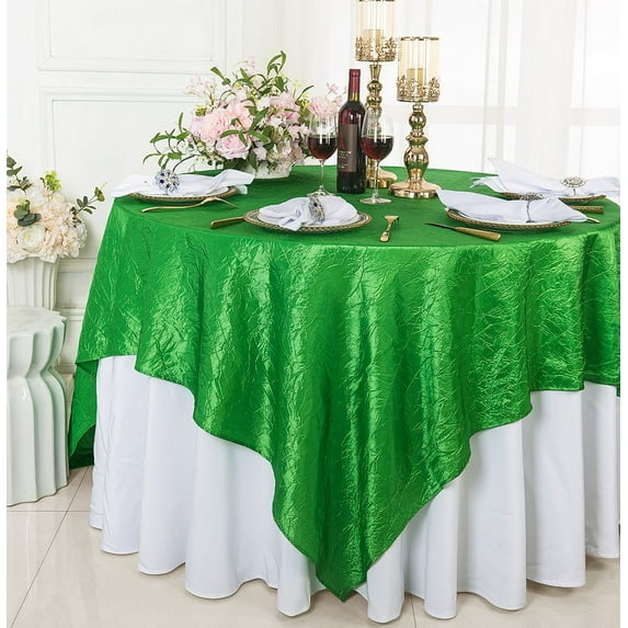 Wedding Linens Inc. 85" Square Crushed Crinkle Taffeta Table Overlay Toppers -Emerald Green