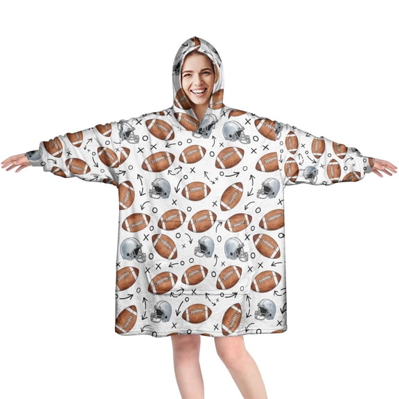 Wearable Blanket Hoodie,Football Helmet White Pattern Oversized Sherpa Blanket Hoodie with Super Pockets,Super Warm Fuzzy Pullover for Women & Men