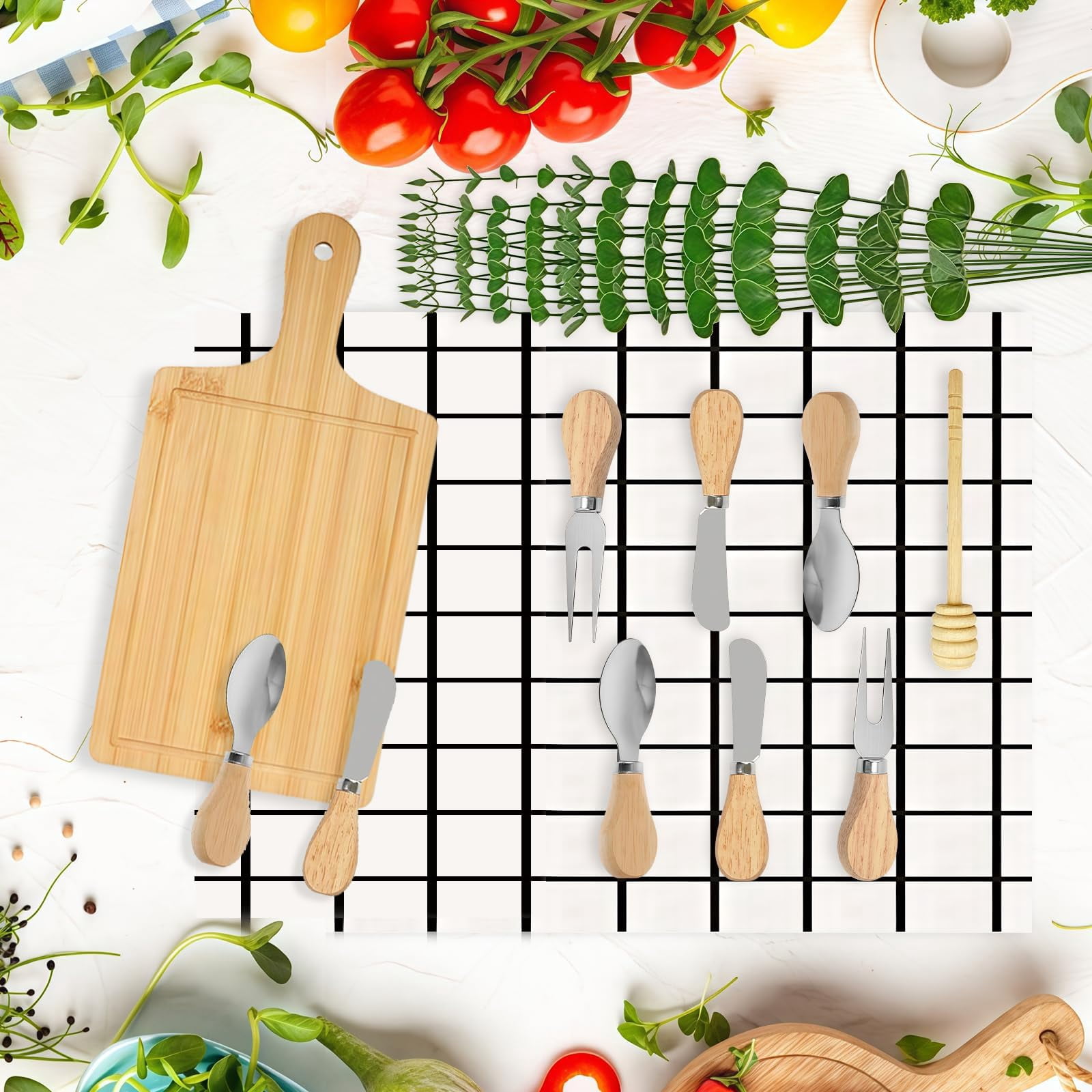 62 Pcs/6 Set Baby Shower Prizes for Game Winners, Bamboo Cheese Board Gift for Guest with Knives Fork Spoon, Honey Sticks, Tablecloth, Eucalyptus Stem, Gift Bag, Bridal Shower Party Favors