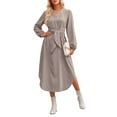 thumbnail image 1 of xiaxaixu Robe Midi Rayée pour Femmes Printemps Automne Robe Chemise Décontractée Manches Longues Col en V Robes à Bandage, 1 of 9