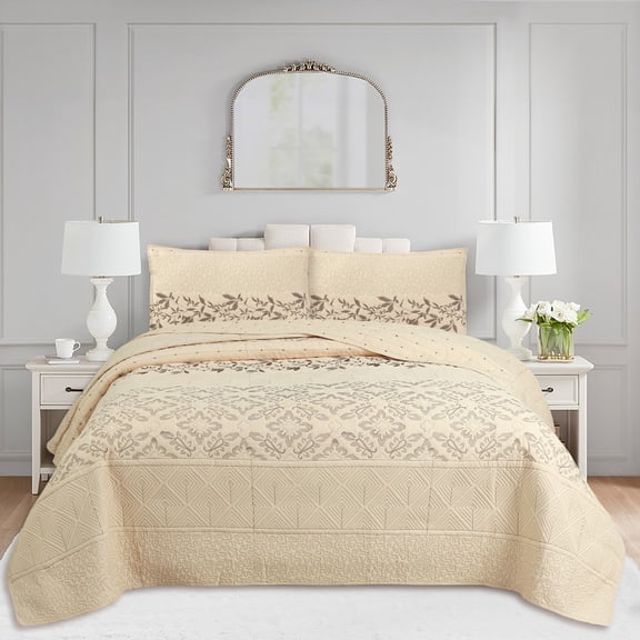 3 Piece Lightweight Quilted Bedspread Set, Breathable Floral Damask Bedding with Pillow Shams, Machine Washable All Season Quilt for Queen/King Bed