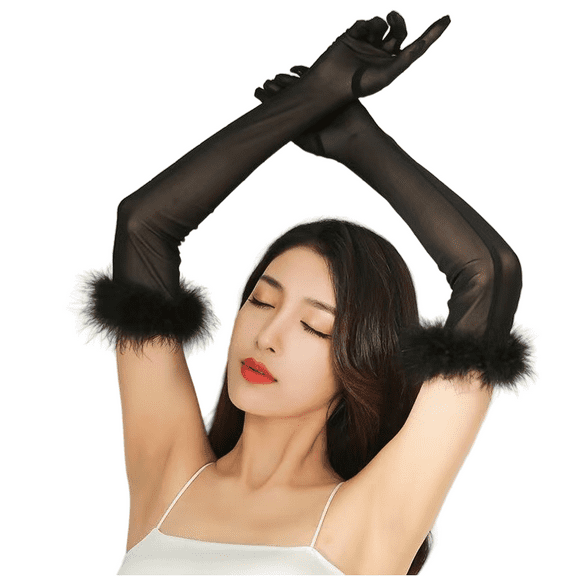Womens Gloves Long Sheer Tea Party Wedding Prom Formal Gloves Costume Gloves with Feathers