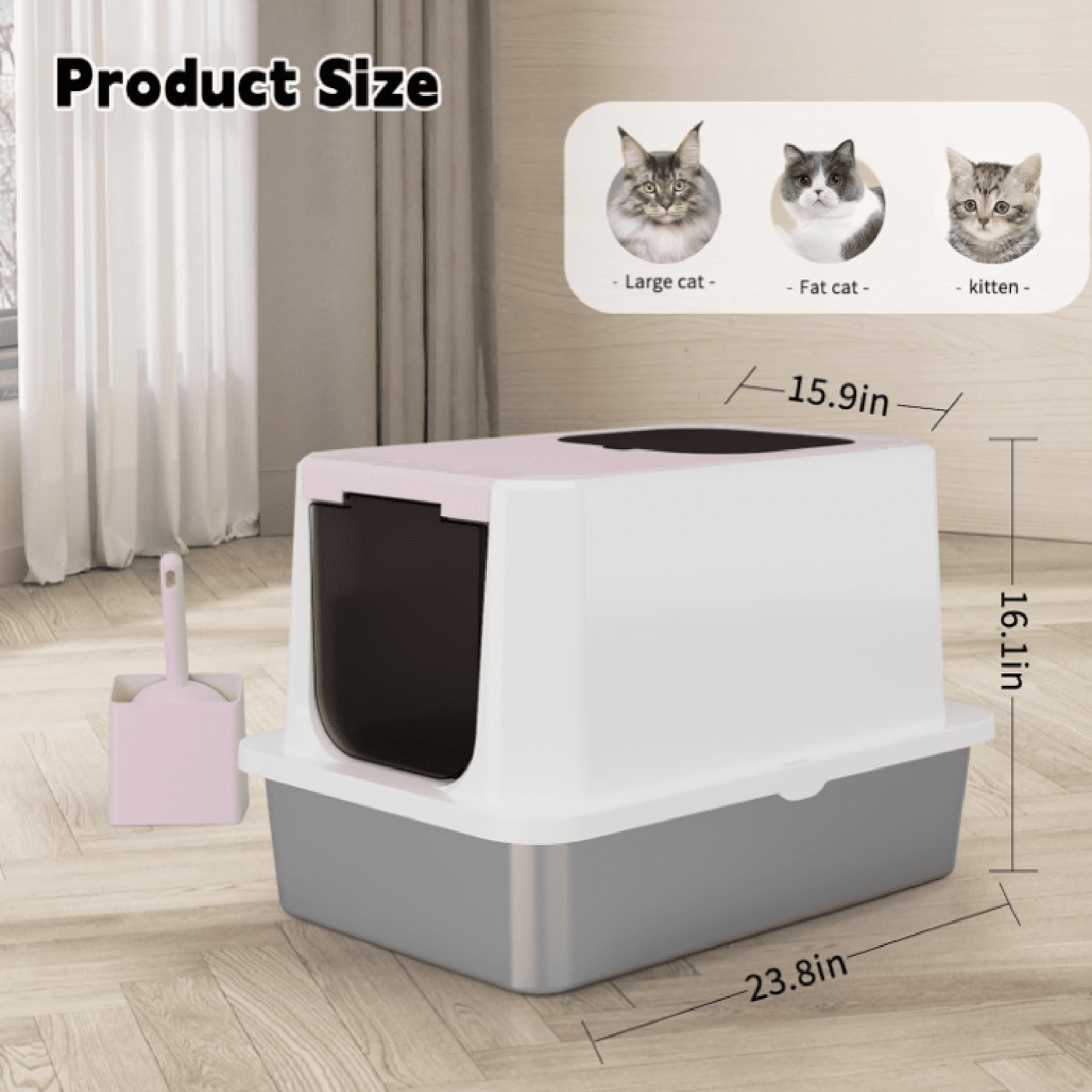 Enclosed Cat Litter Box: Pink Stainless Steel Odorless Litter Box with Top Holes - Anti Leakage - Large Litter Pan for Small to Large Sized Cats in Living Room Garage