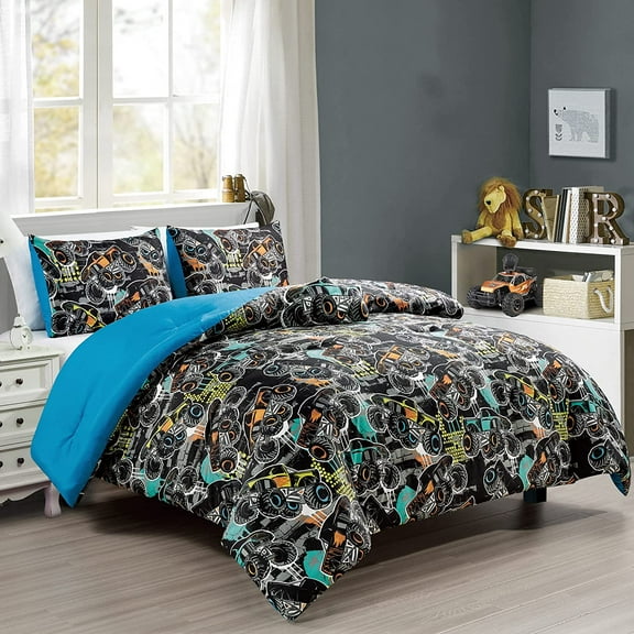 Chezmoi Collection 3-Piece Kids Multi-Color Monster Truck Racing Microfiber Comforter Set, Twin