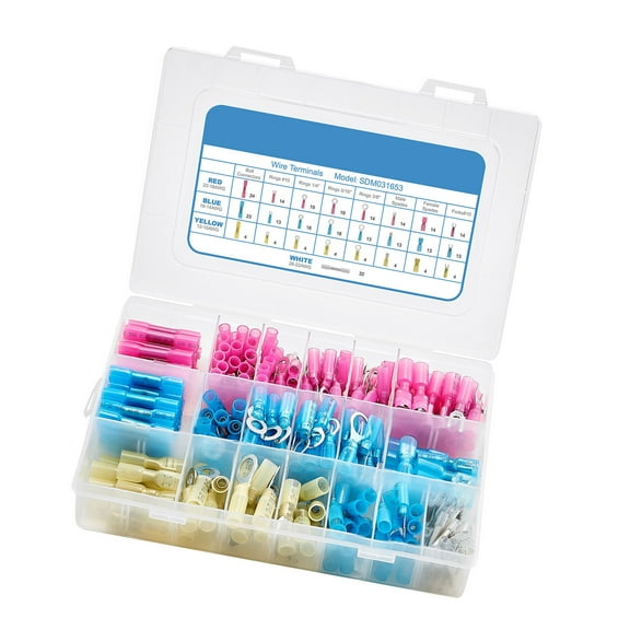KFFKFF 320PCS Heat Shrink Wire Connectors Kit, Waterproof Electrical Crimp Terminals, Insulated Butt, Ring, Fork, and Spade Splices, 26–22 22–16 16–14 12–10 Gauge, Suitable for Industrial, Marine