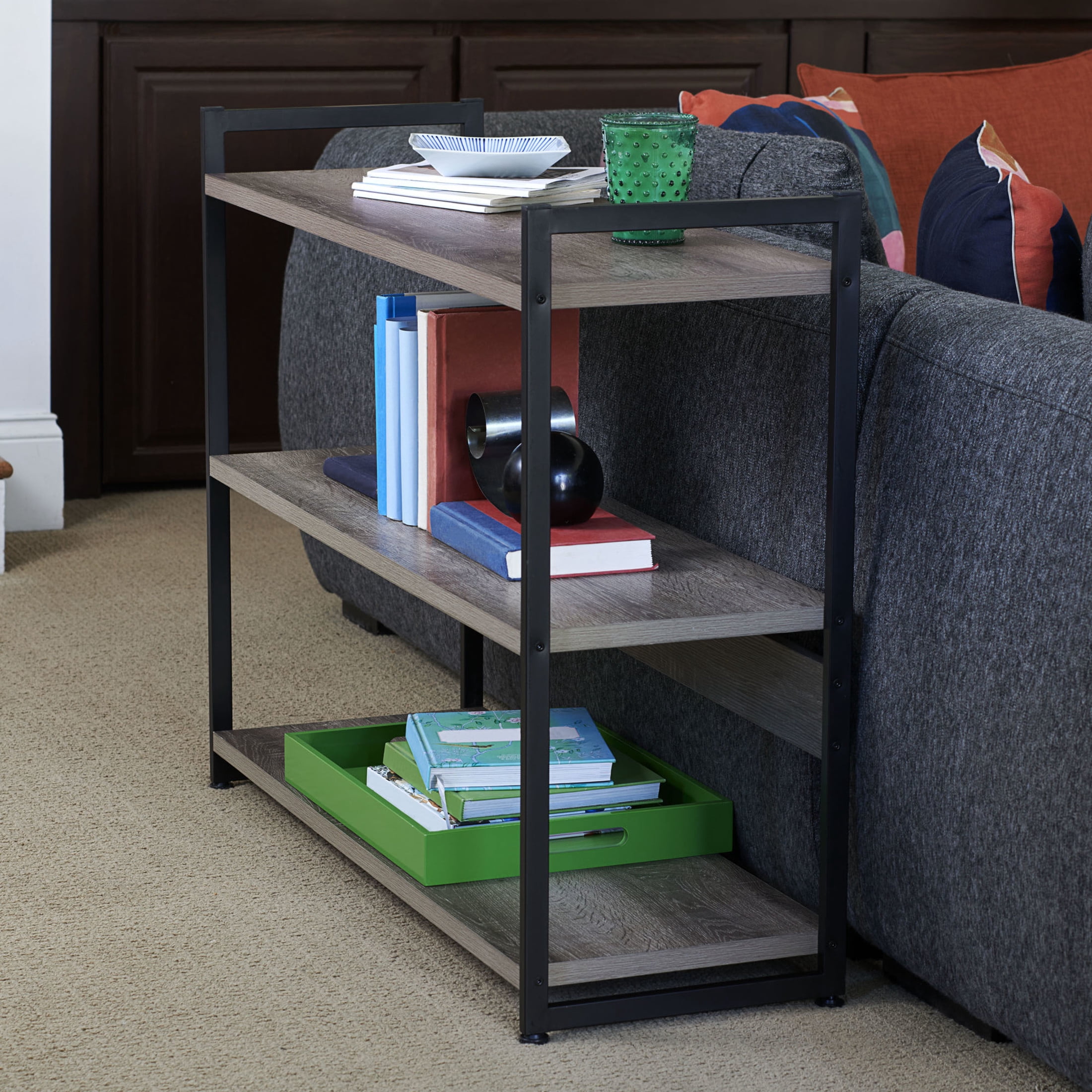 Household Essentials Jamestown Wide 3 Shelf Open Storage Bookshelf Ashwood Rustic Wood Grain and Black Metal