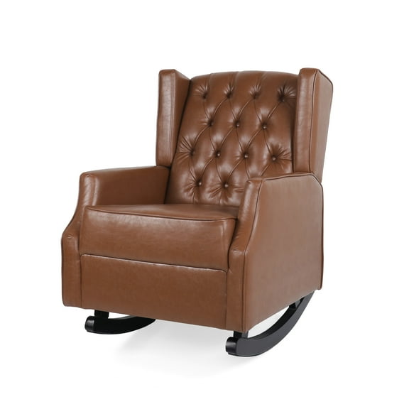 Amedou Contemporary Faux Leather Tufted Wingback Rocking Chair, Cognac Brown and Dark Brown