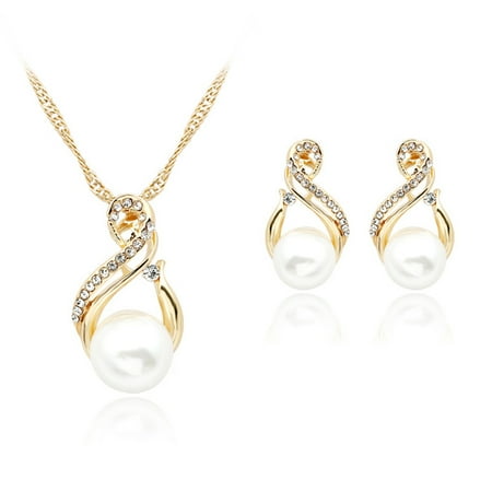 - Women Fashion Elegant Bridal Jewelry Sets Pearl Necklace + Earrings for Wedding
