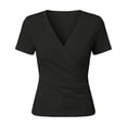 thumbnail image 6 of Women's V Neck Ruched Elegant Solid Color Waist Slimming Short Sleeve T Shirt,Summer Casual Tops for Daily Wear,Vacation,Dating,Lightweight Breathable Tee Blouse Black L, 6 of 6