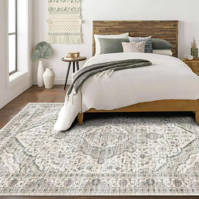 Boho Vintage Round Rug ft- Faux Wool Dreely Washable Area Rug Small Distressed Throw Rugs Floor Carpet for Door Mat Entryway Bedrooms Laundry (Round - ; Diameter Border )
