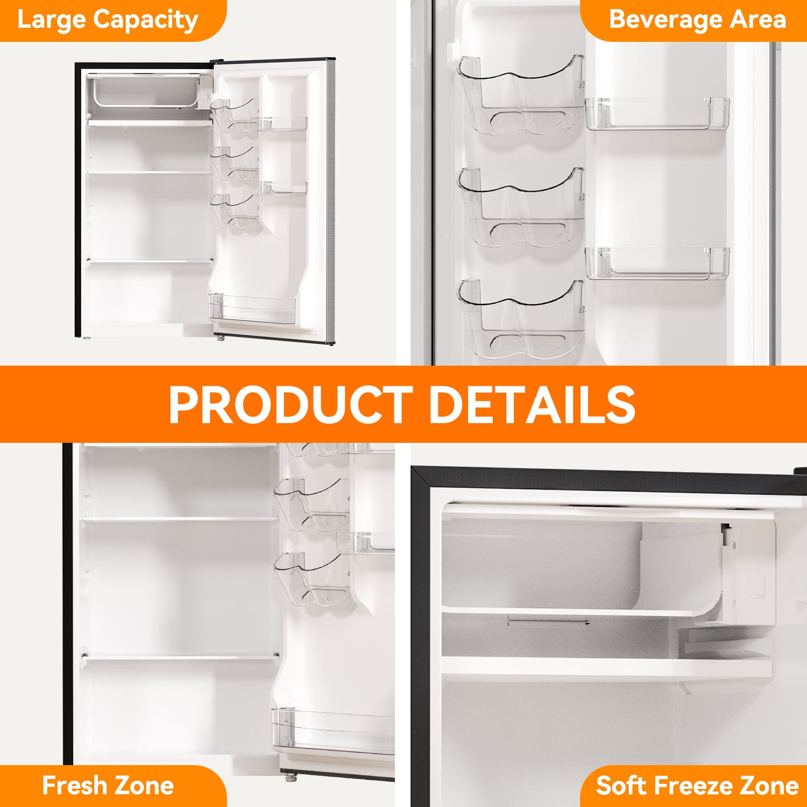 Frestec 3.2 Cu Ft Single-Door Mini Fridge – Stainless Steel Finish, New,Grey