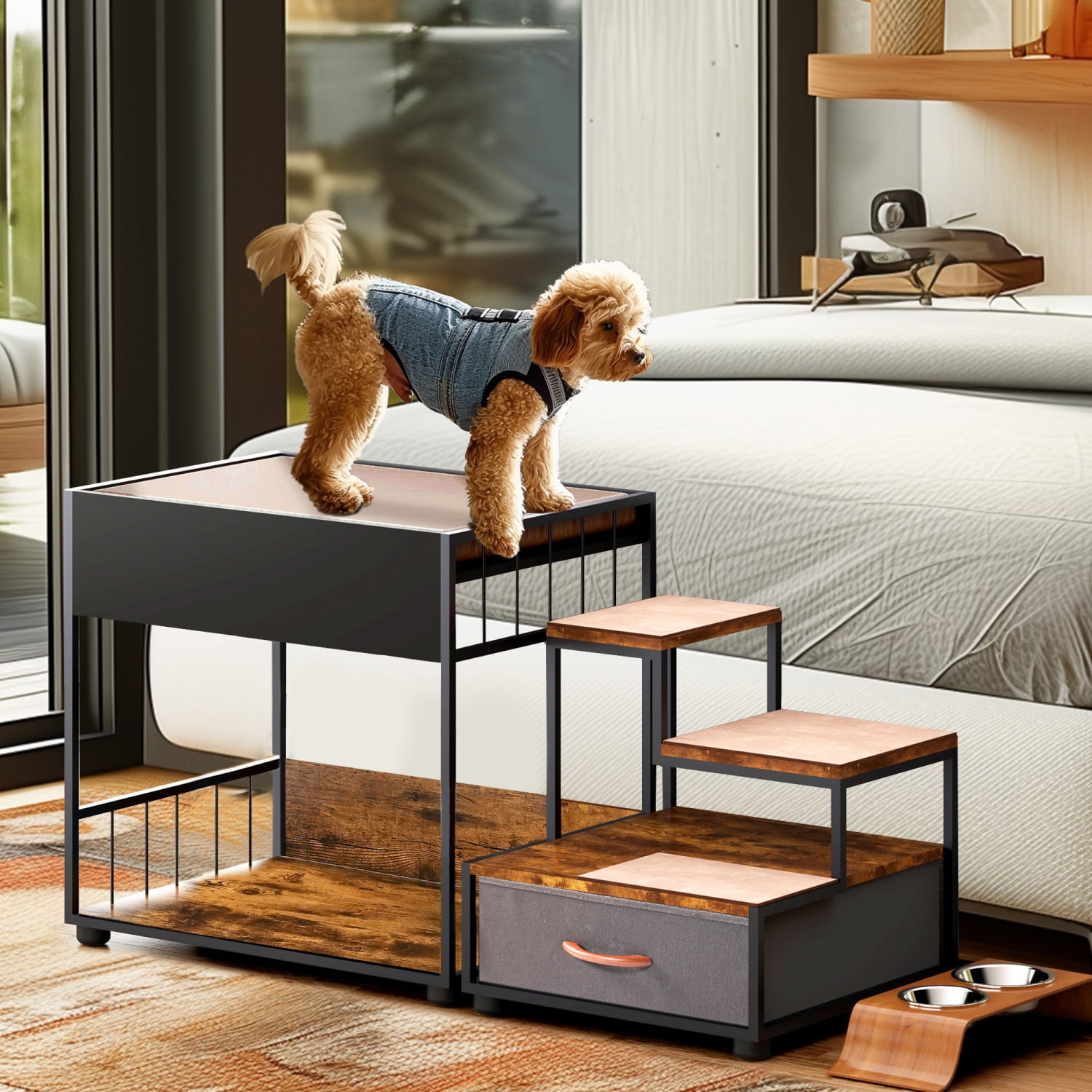 Lisonu Dog Window Perch with Steps, 2-Tier Bunk Bed Pet Platform with Storage Drawer, Removable Cushion, Non-Slip Pad, Multi-Level Cat Dog Lounge for Small Medium Pets, Vintage Black, 90lbs Capacity