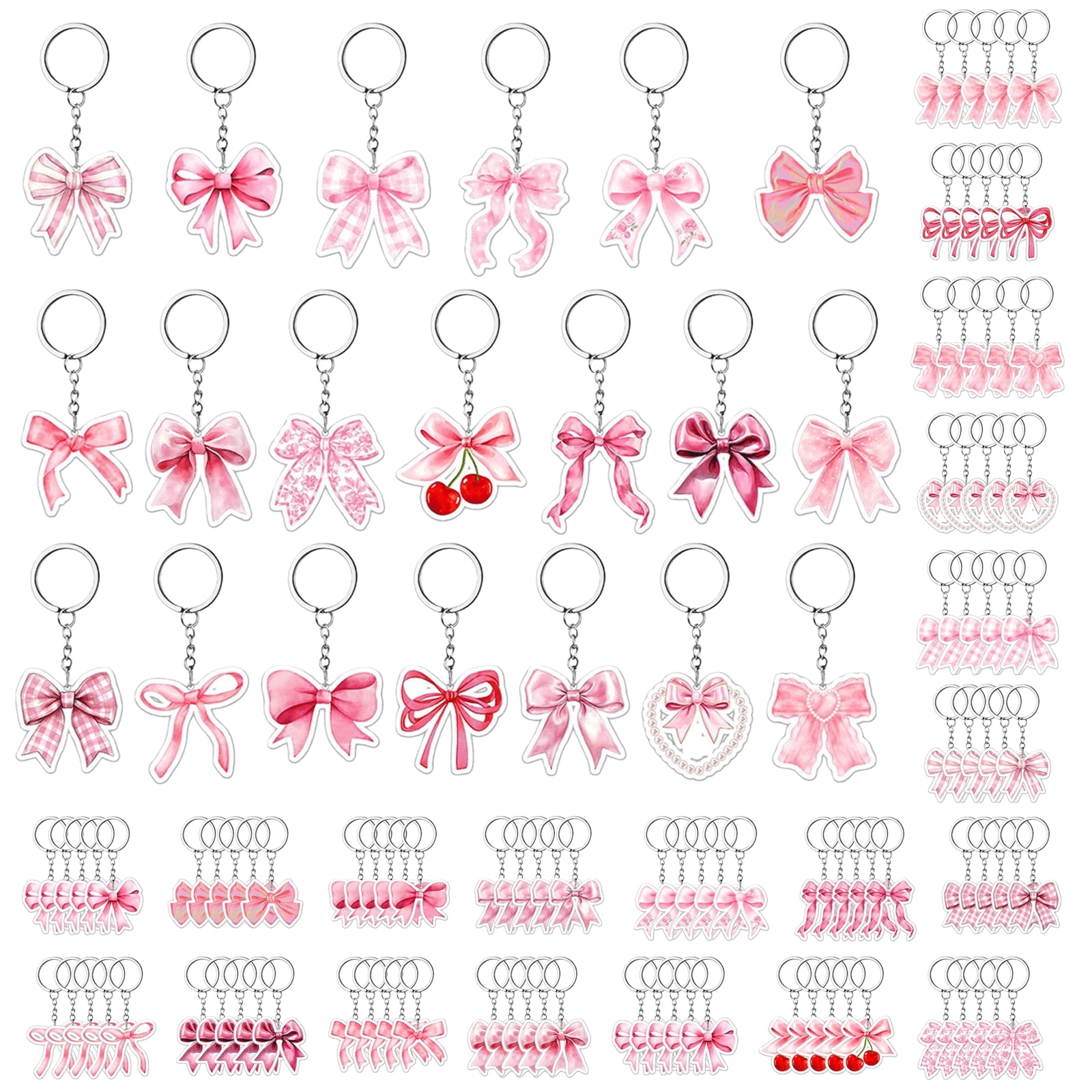 100PCS Pink Bow Party Favors, Acrylic Pink Bow Keychains, 20 Unique Designs, Cute Bag Charm Accessories with Sturdy Metal Rings, Ideal for Present Bag, Candy Boxes, Party Supplies