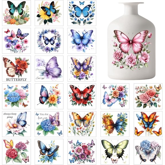 25 Sheets Butterfly Flowers Colorful Mason Jar Decal Stickers Roses and Hydrangea Plastic Decal Stickers Adhesive Lantern Jar Sticker for Window Lamp Glass Cup Vase colorful