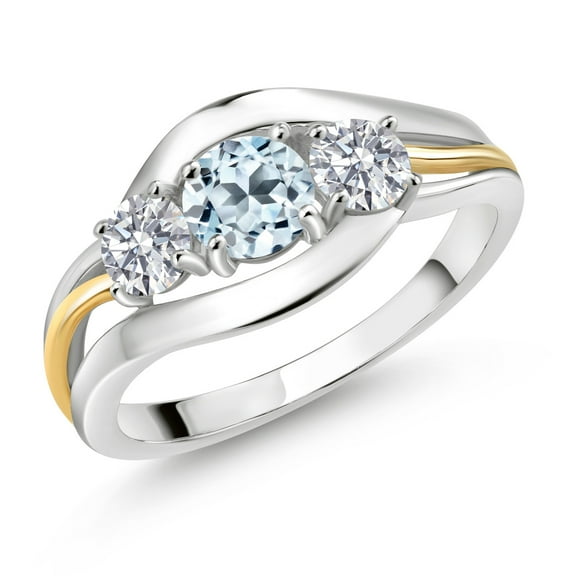 Gem Stone King 925 Sterling Silver and 10K Yellow Gold Round Sky Blue Topaz and White Lab Grown Diamond 3 Stone Ring for Women (1.24 Cttw, Available in Size 5, 6, 7, 8, 9)