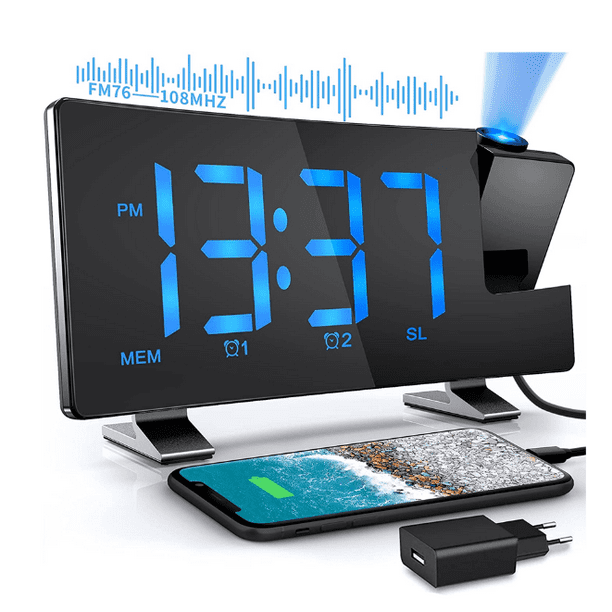 Radio-réveil, Affichage LED Blanc 1,4 avec Bluetooth, FM Radio