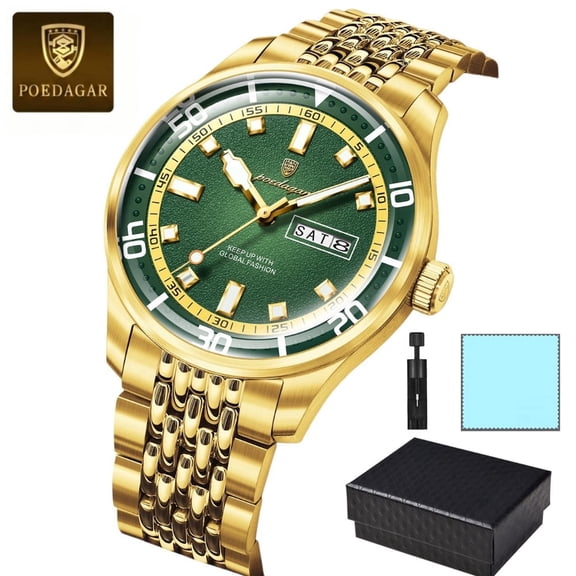POEDAGAR Men Stainless Steel Quartz Watch Luxury Military Casual Wrist Watch with Luminous Hands Date Week Display Hardlex Crystal Waterproof Dress Wristwatch with Gift Box