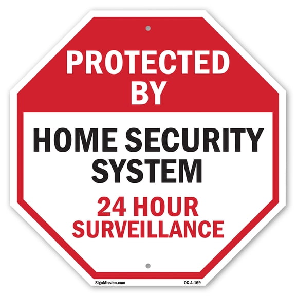 Protected By Home Security System 24 Hour Surveillance 10 inch X 10 inch Octagon Plastic Sign Weather Resistant, UV Protected for Workplace, Private Property, and Construction Site,