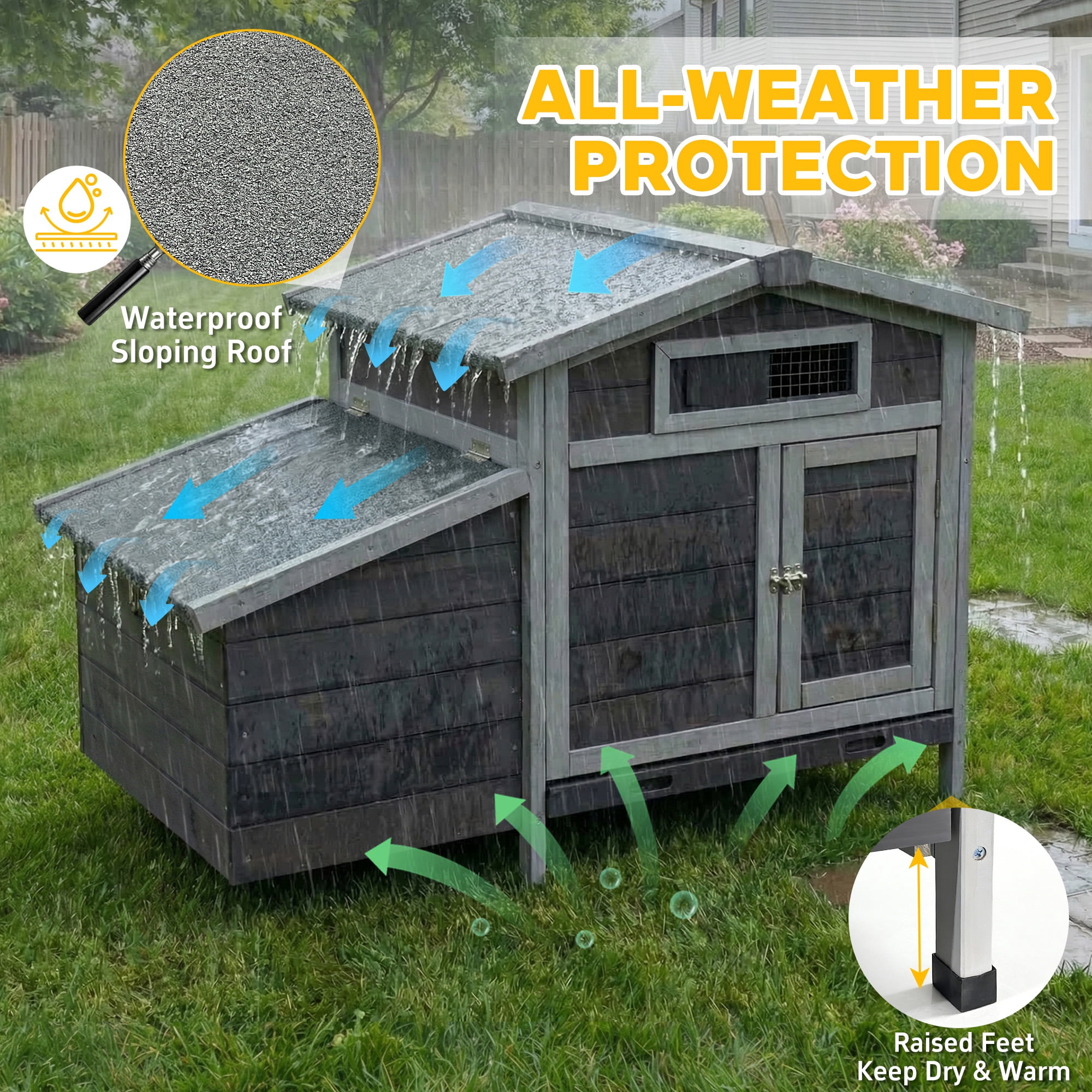 Outdoor Free-Range Wooden Chicken Coop with Asphalt Roof, Pull-Out Tray, Nesting Box with Easy Access, Front & Side Doors with Metal Latches