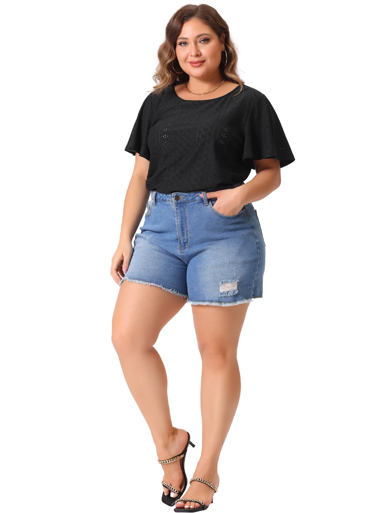 DARING DIVA Women's Plus Round Neck Hollow Flare Sleeve Casual Blouse 2X Black