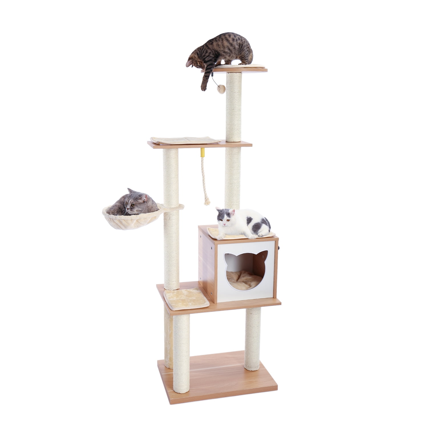 Pefilos 64" Wood Cat Tree Tower for Indoor Cats, Multi-Level Cat Condos for Big Cats with Scratching Posts, Beige Pefilos 64" Wood Cat Tree Tower for Indoor Cats, Multi-Level Cat Condos for Big Cats with Scratching Posts, Beige